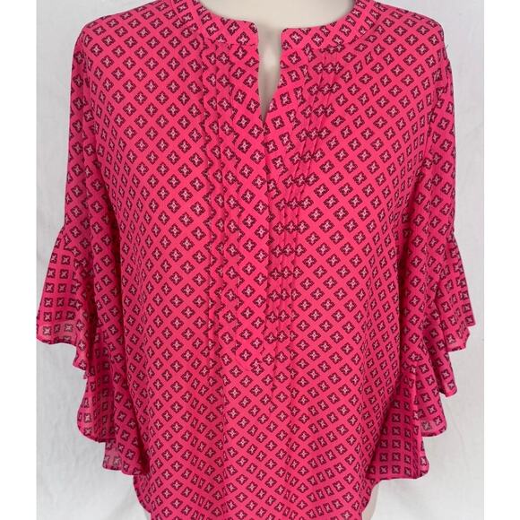 Vince Camuto Medium Dark Pink Pattern Blouse Flowy Sleeves 100% Polyester - Picture 2 of 7